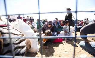 Syrian refugees walking on Turkey Syria border